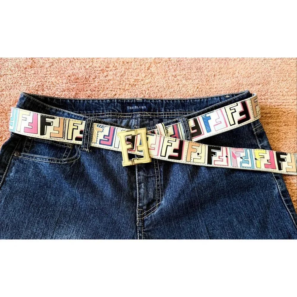 Vintage Fendi Multicolor FF Logo Leather Belt Made in Italy